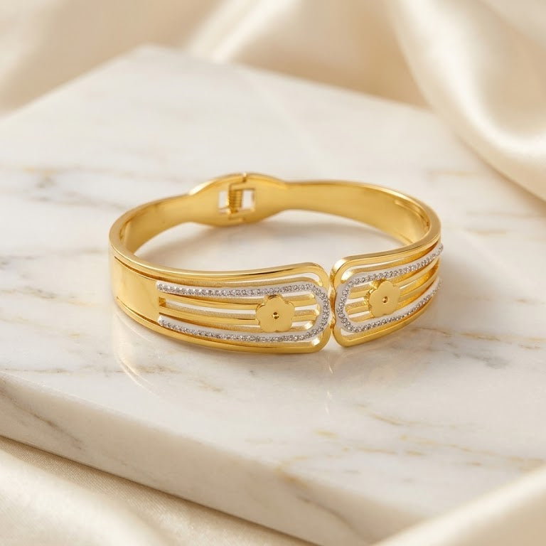 Two-Tone Gold & Crystal Floral Bangle