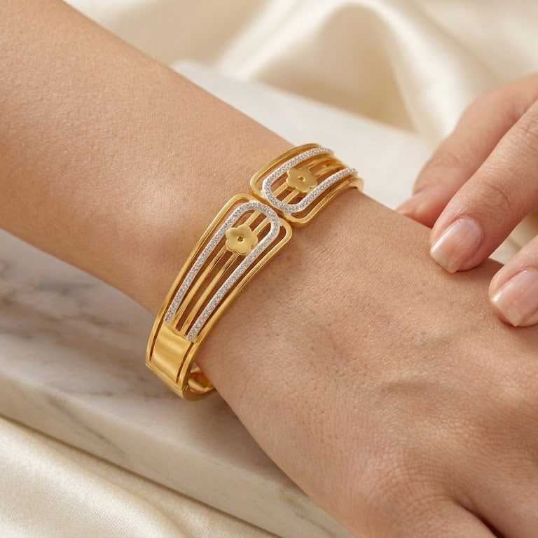 Two-Tone Gold & Crystal Floral Bangle
