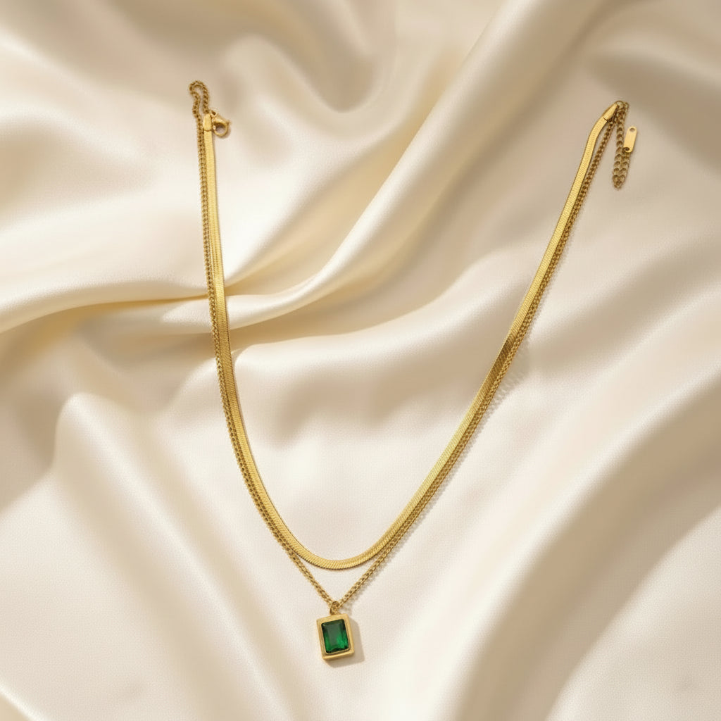 Emerald Stone Double Layer Necklace