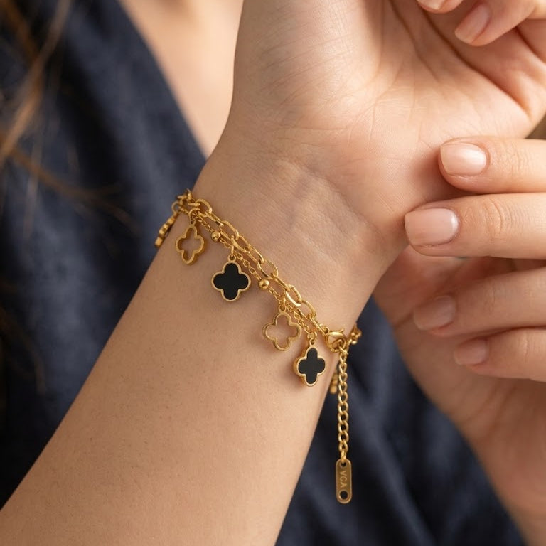 Noir & Pearl Clover Charm Bracelet